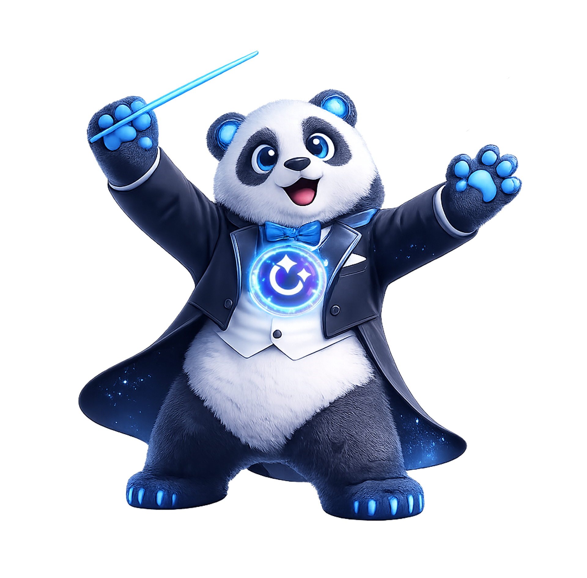 Agentia, the Copado panda mascot, conducting an orchestra